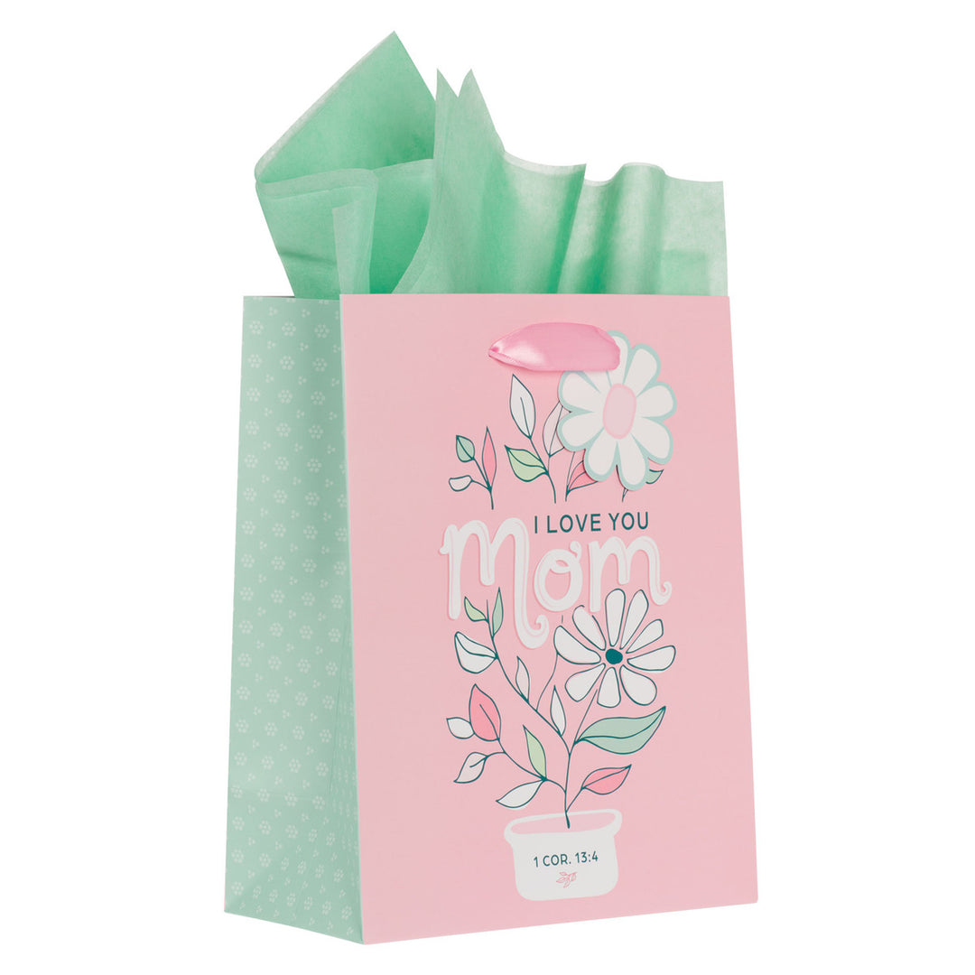 I Love You Mom Pink and White Daisy Medium Gift Bag - 1 Corinthians 13:4