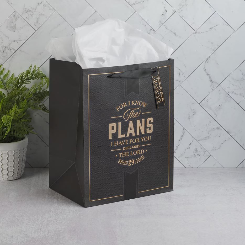 The Plans Charcoal and Gold Large Portrait Gift Bag - Jeremiah 29:11