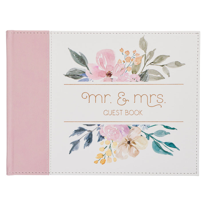 Pink Floral Mr. & Mrs. Medium Faux Leather Wedding Guest Book - 1 John 4:19