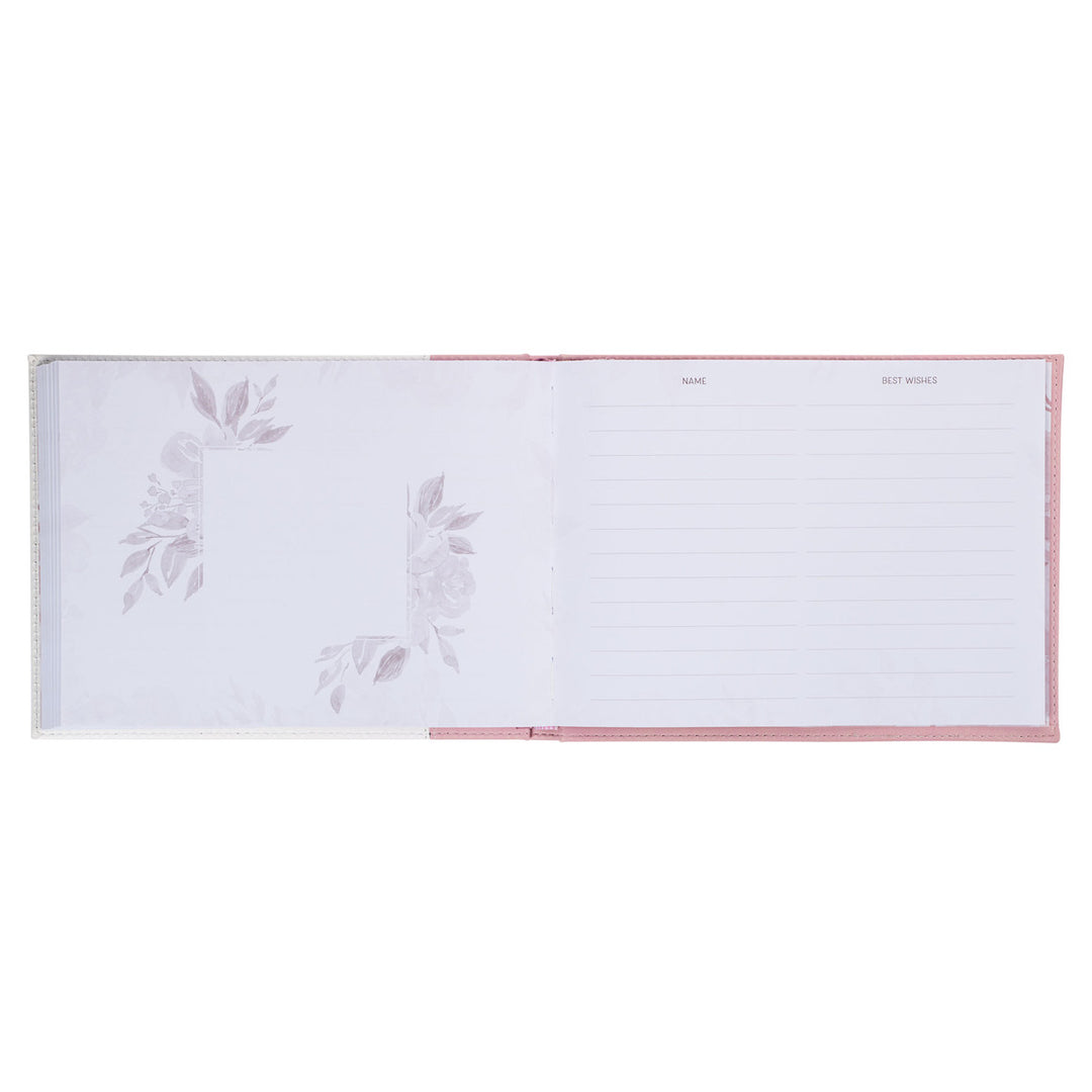 Pink Floral Mr. & Mrs. Medium Faux Leather Wedding Guest Book - 1 John 4:19