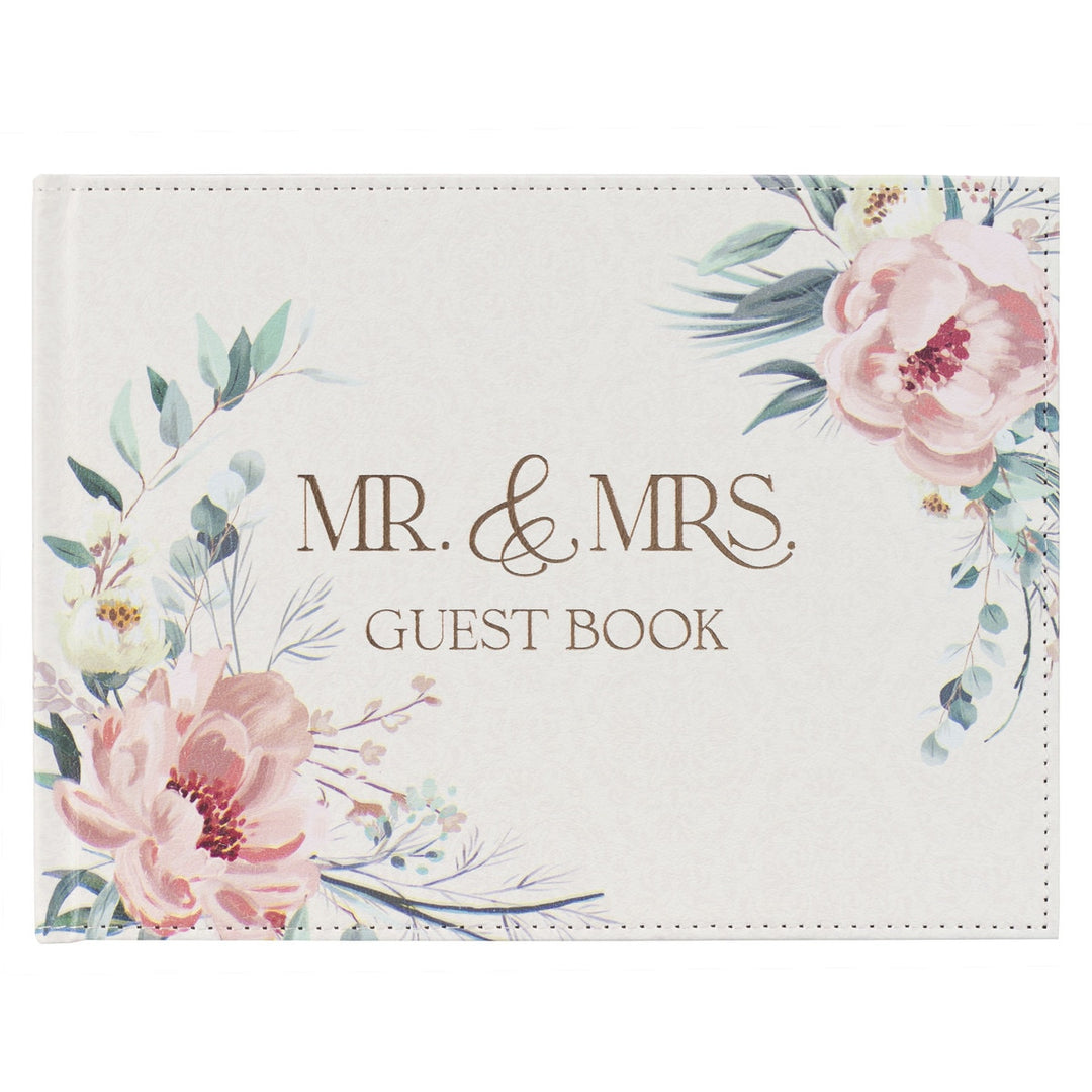 Mr. & Mrs. Peachy-pink Floral Faux Leather Medium Wedding Guest Book - 1 John 4:19