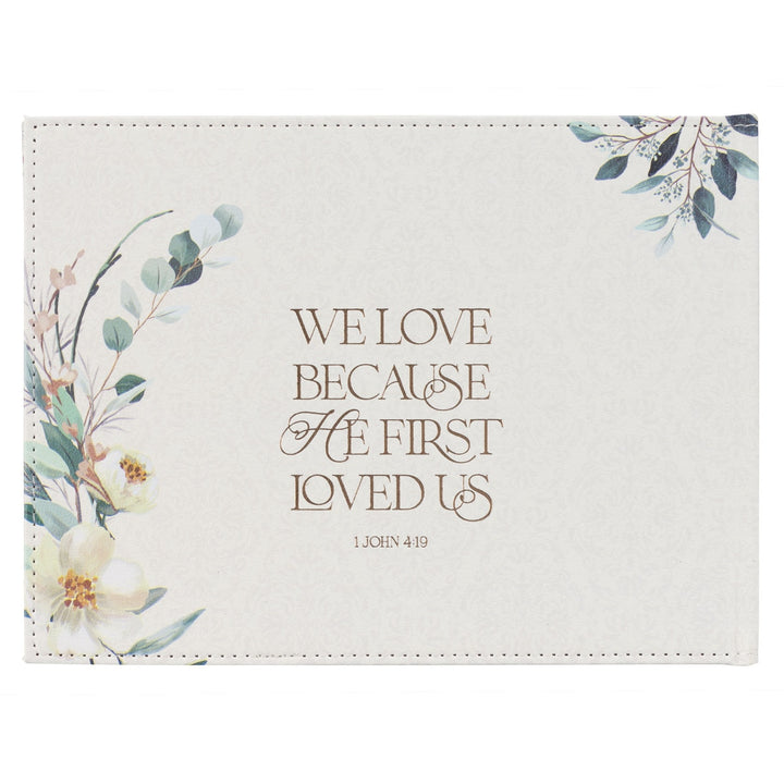 Mr. & Mrs. Peachy-pink Floral Faux Leather Medium Wedding Guest Book - 1 John 4:19