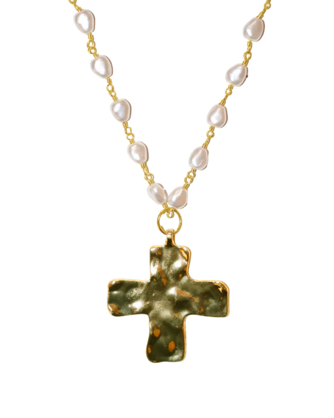 15" Pearl & Gold Hammered Cross Necklace