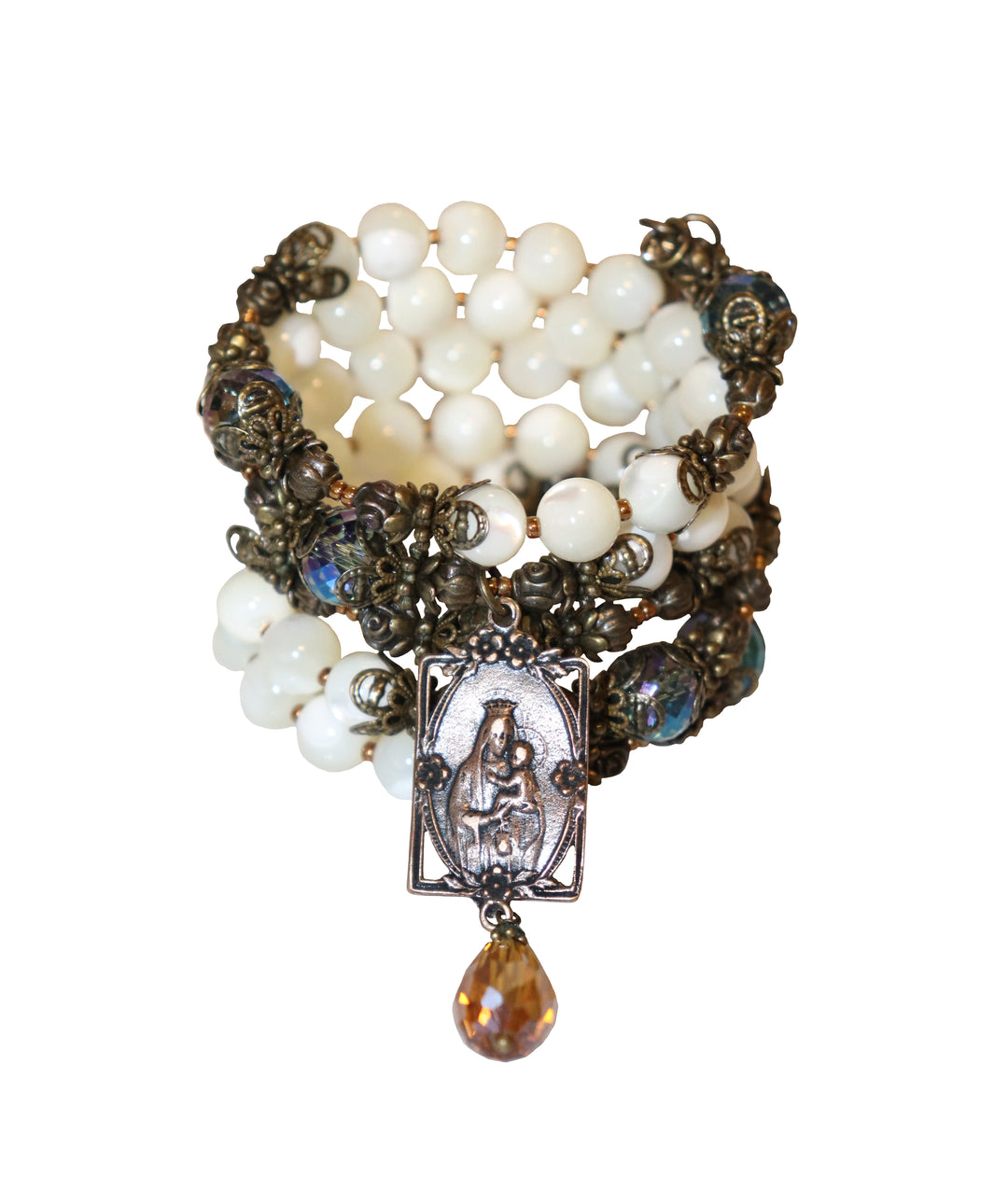 Rosary Wrap Bracelet of Divine Faith - Mother of Pearl & Crystal
