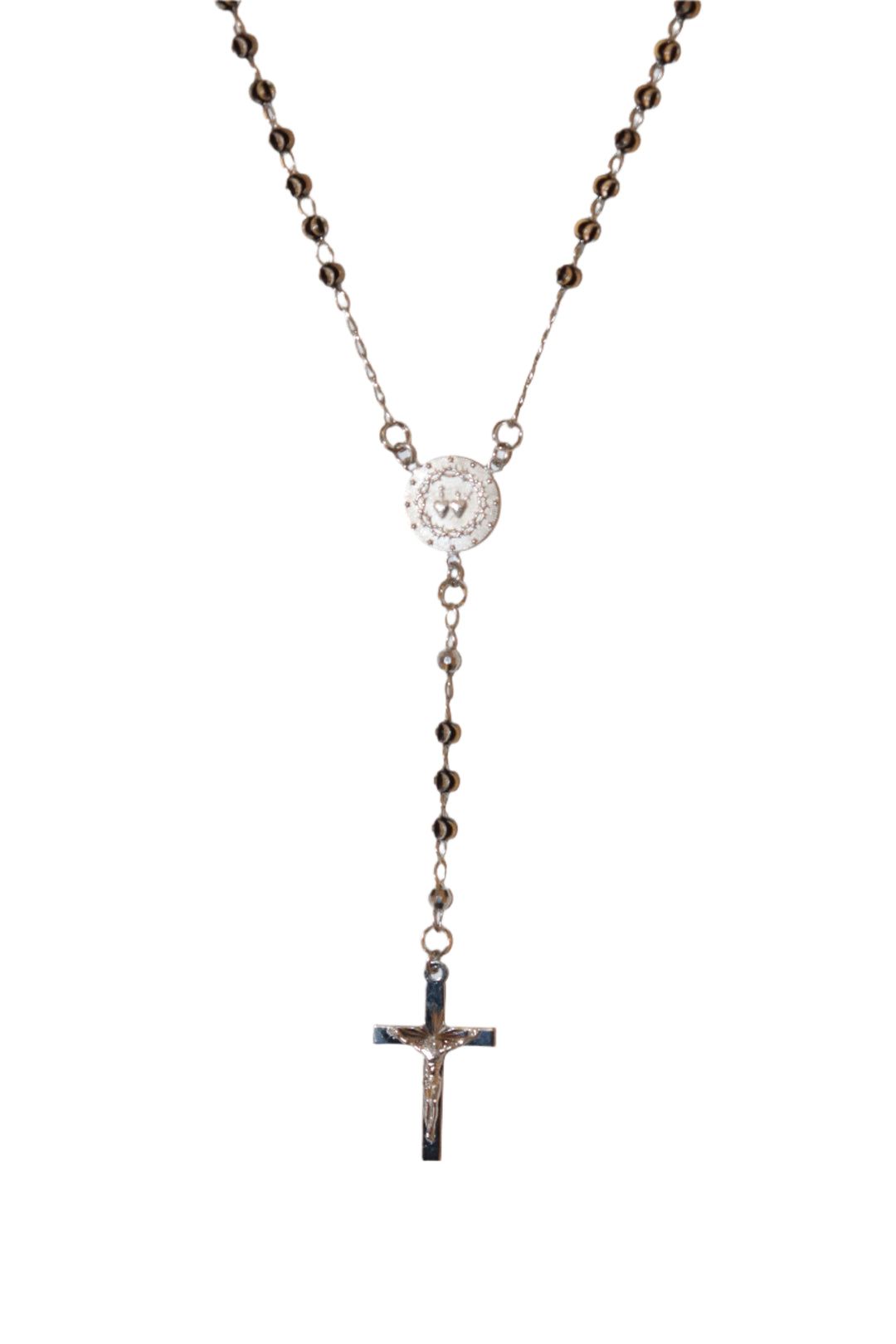 Sterling Silver & Black Enamel 4MM Twin Hearts Rosary Necklace