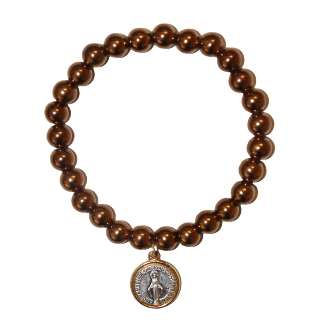 8mm Coffee Obsidian Bracelet with Two-Tone Miraculous Medal