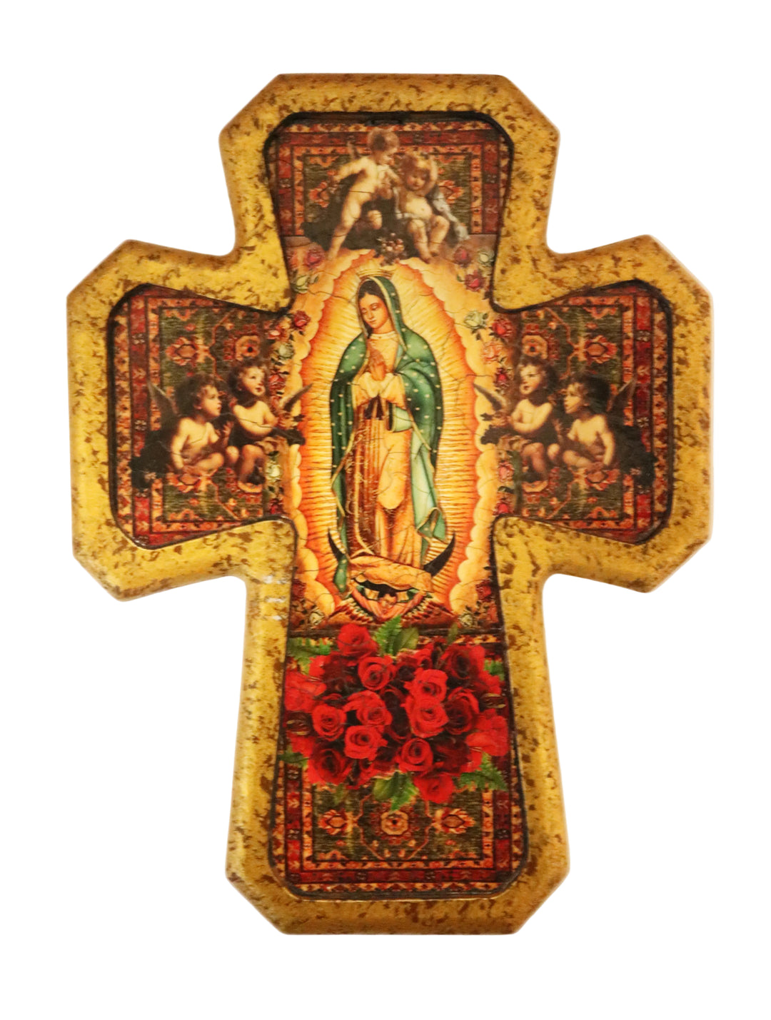 12" Wood Our Lady of Guadalupe Cross with Angels and Roses