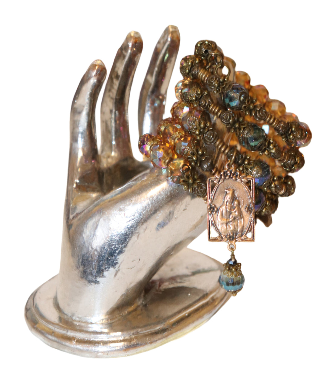 Wrap Bracelet of Divine Prayer - Amber and Aqua Crystals