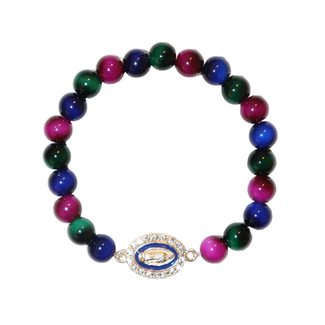 8mm Multicolor Tiger Eye Bracelet with Our Lady of Guadalupe Charm