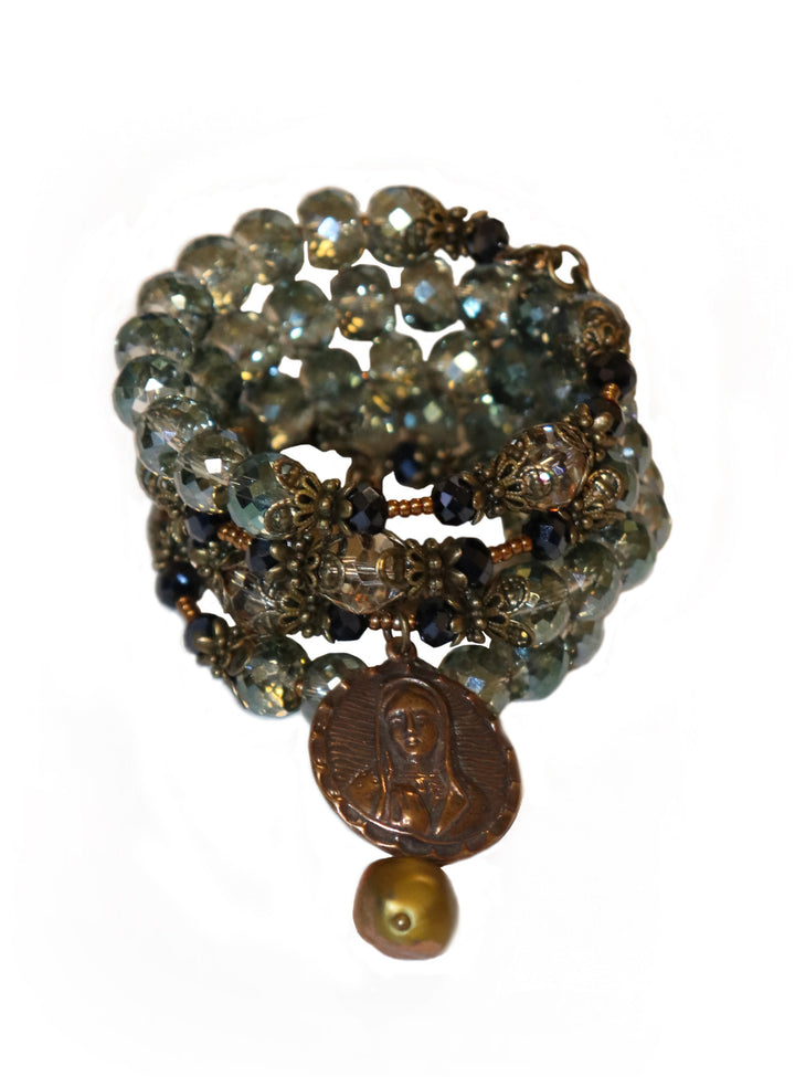Wrap Bracelet of Divine Prayer - Olive and Charcoal Crystals