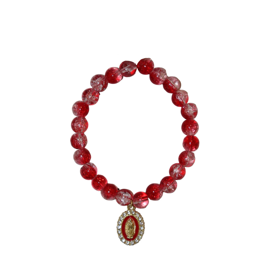 8mm Red Agate Glass Bracelet with Our Lady of Guadalupe Charm