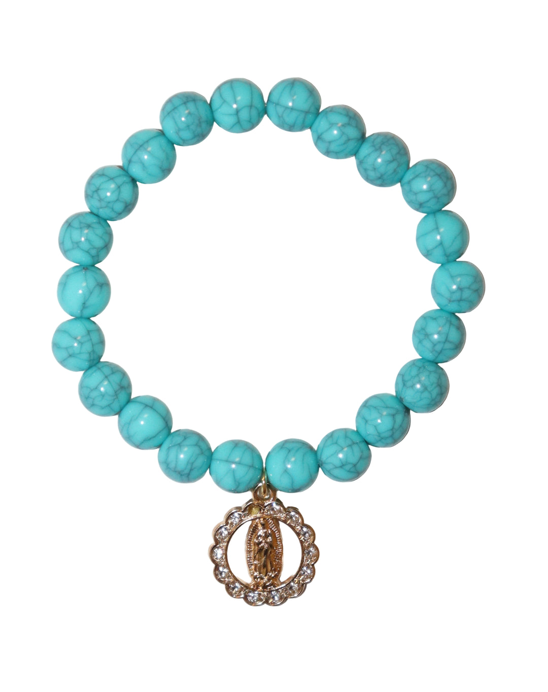 8mm Turquoise Bracelet with Our Lady of Guadalupe Charm
