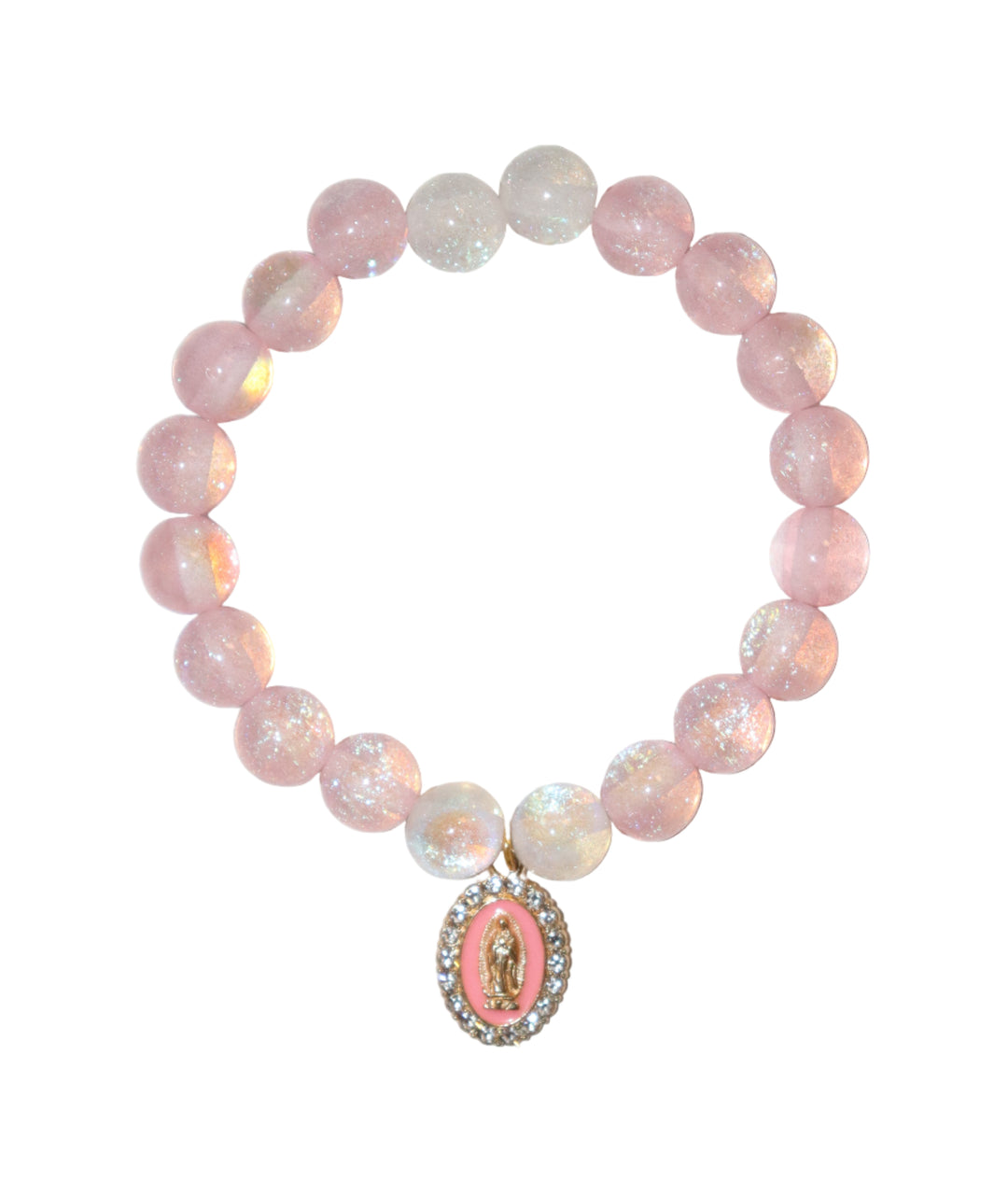 10mm Pink Glass Bracelet with Our Lady of Guadalupe Charm