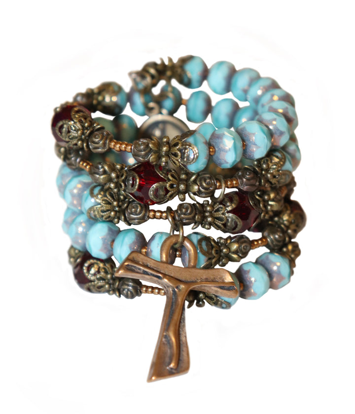 Wrap Bracelet of Divine Prayer - Turqoise Glass with Garnet Crystals