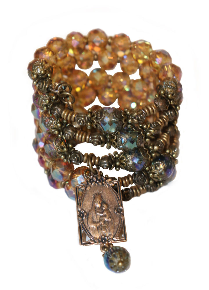 Wrap Bracelet of Divine Prayer - Amber and Aqua Crystals