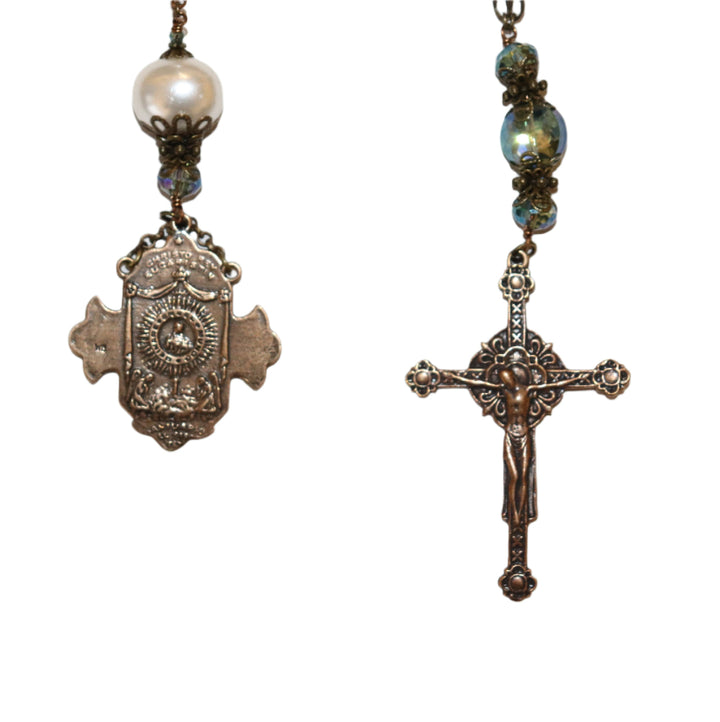 One Decade Heirloom Rosary of Divine Grace - Shell Pearls and Aqua Crystals
