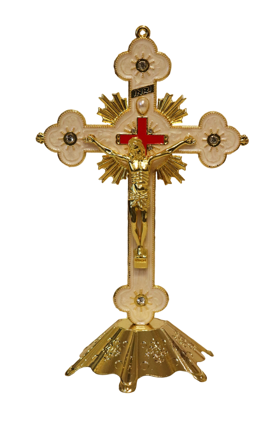 6.25" Ornate Gold Metallic Standing Crucifix - White