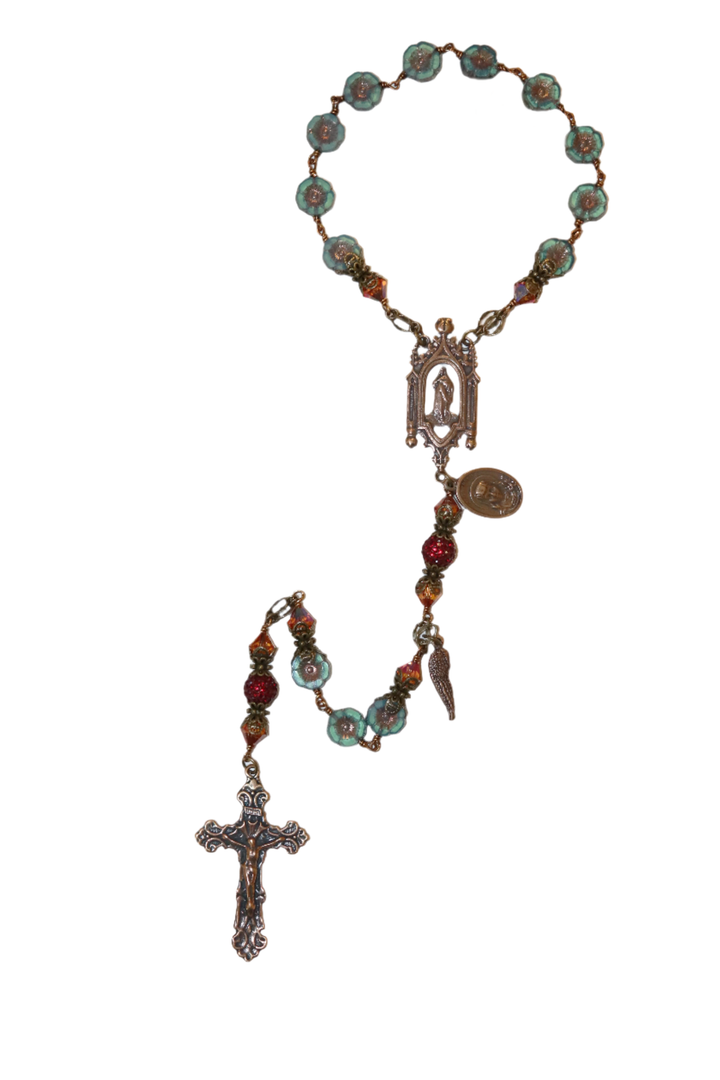 One Decade Heirloom Rosary of Divine Grace - Glass Roses, Pearls, and Crystals
