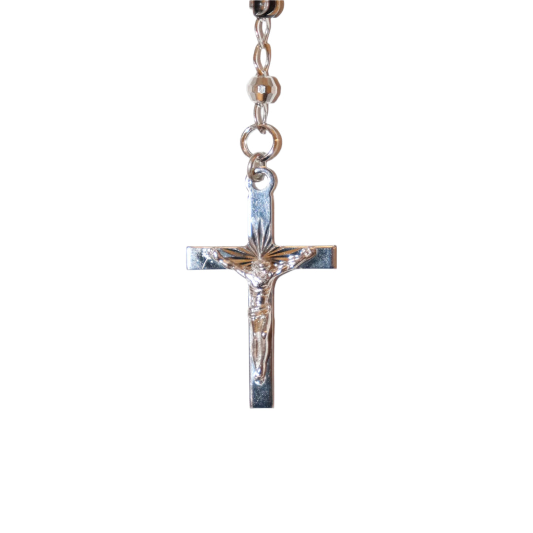 Sterling Silver & Black Enamel 4MM Twin Hearts Rosary Necklace