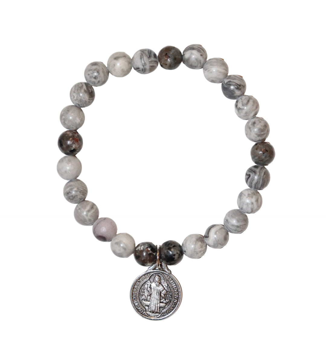 8mm Grey Silk Jasper Bracelet with Silver St. Benedict Medal
