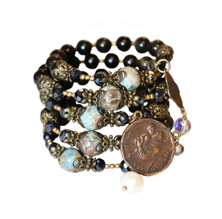 Wrap Bracelet of Divine Prayer - Golden Obsidian and Mushroom Agates