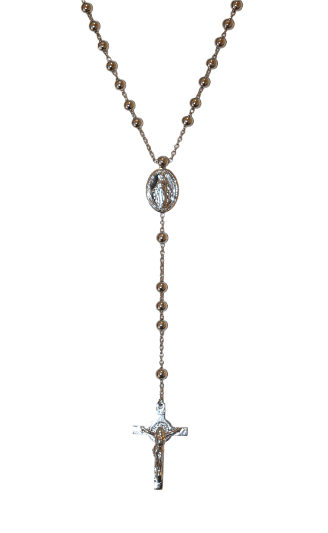 Sterling Silver Rhodium Plated 5MM Miraculous Medal Rosary Necklace