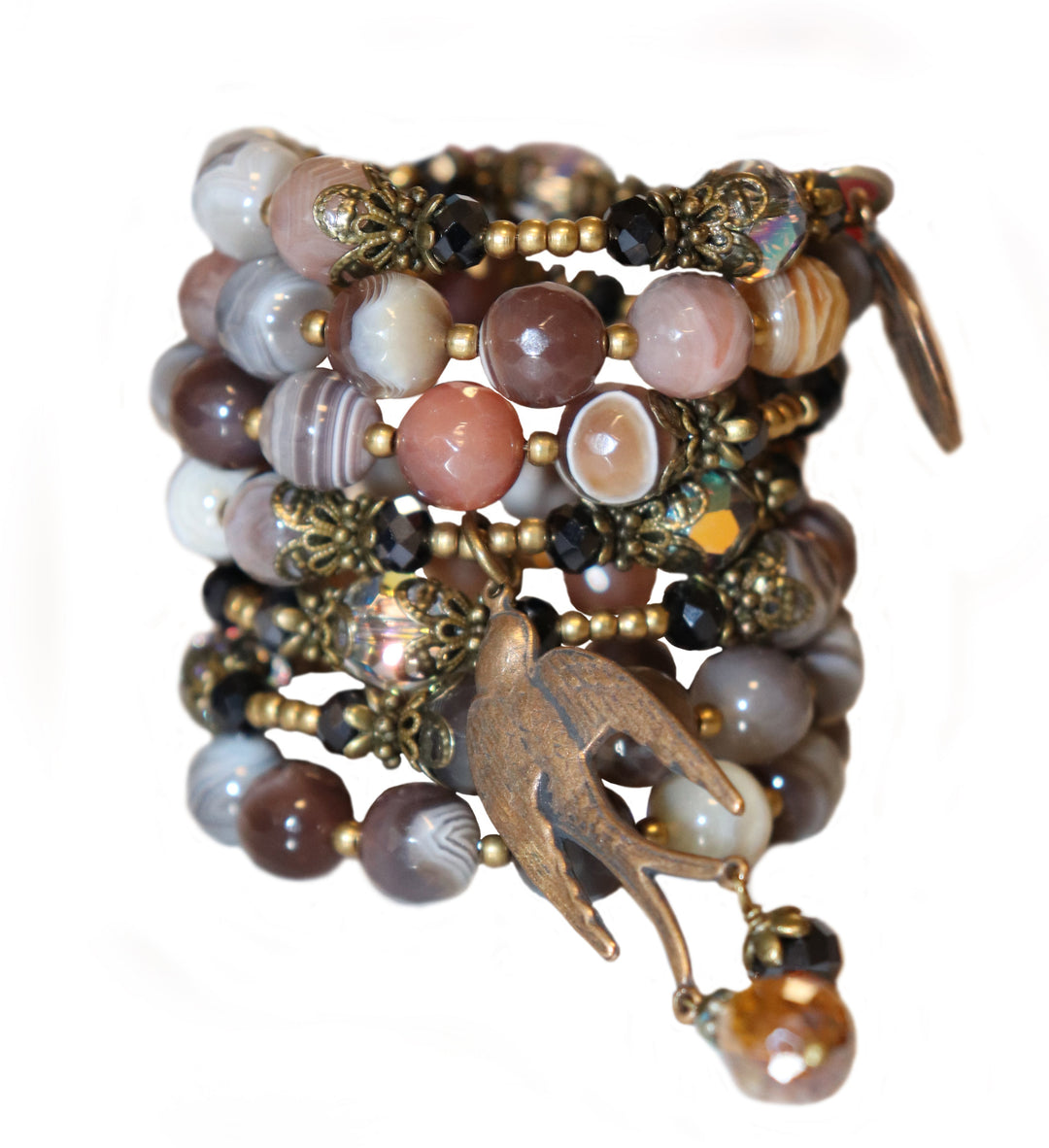 Wrap Bracelet of Divine Prayer - Botswana Agates, Charcoal, and Champagne Crystals