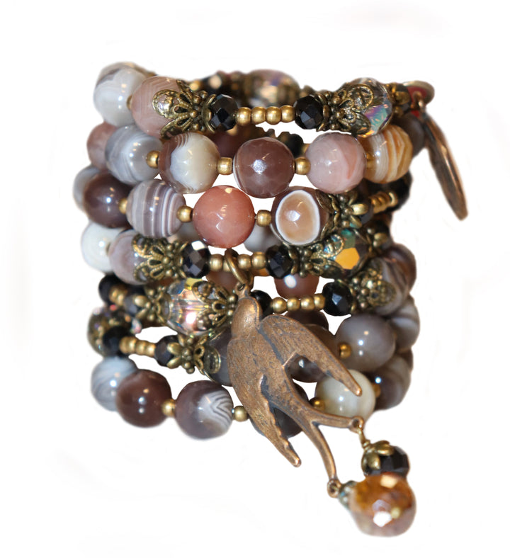 Wrap Bracelet of Divine Prayer - Botswana Agates, Charcoal, and Champagne Crystals