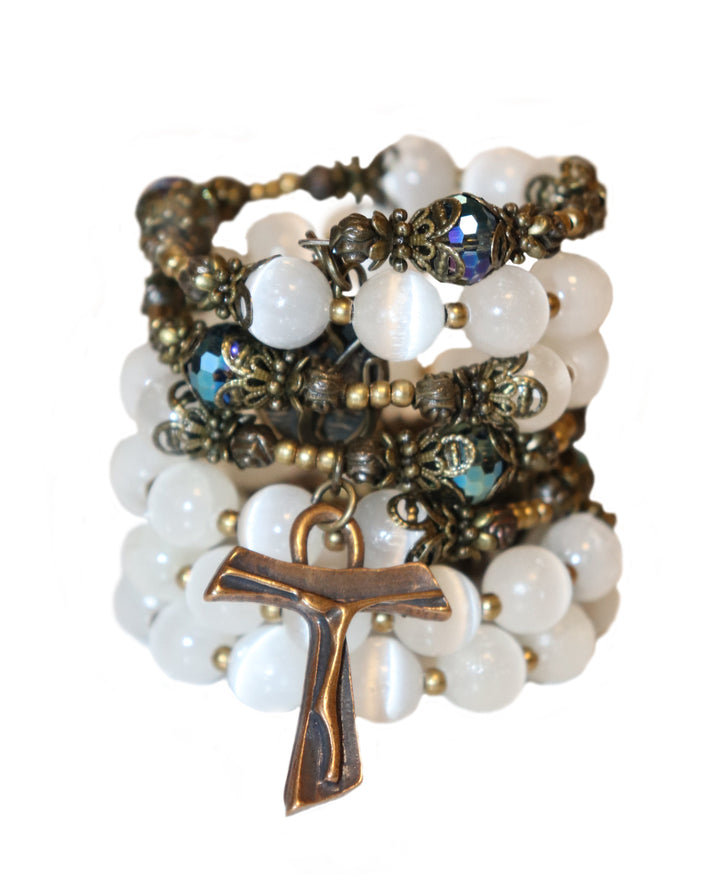 Wrap Bracelet of Divine Prayers - Selenite Stones with Aqua Crystals