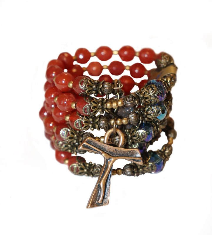 Wrap Bracelet of Divine Prayer - Carnelian Stones with Aqua Crystals