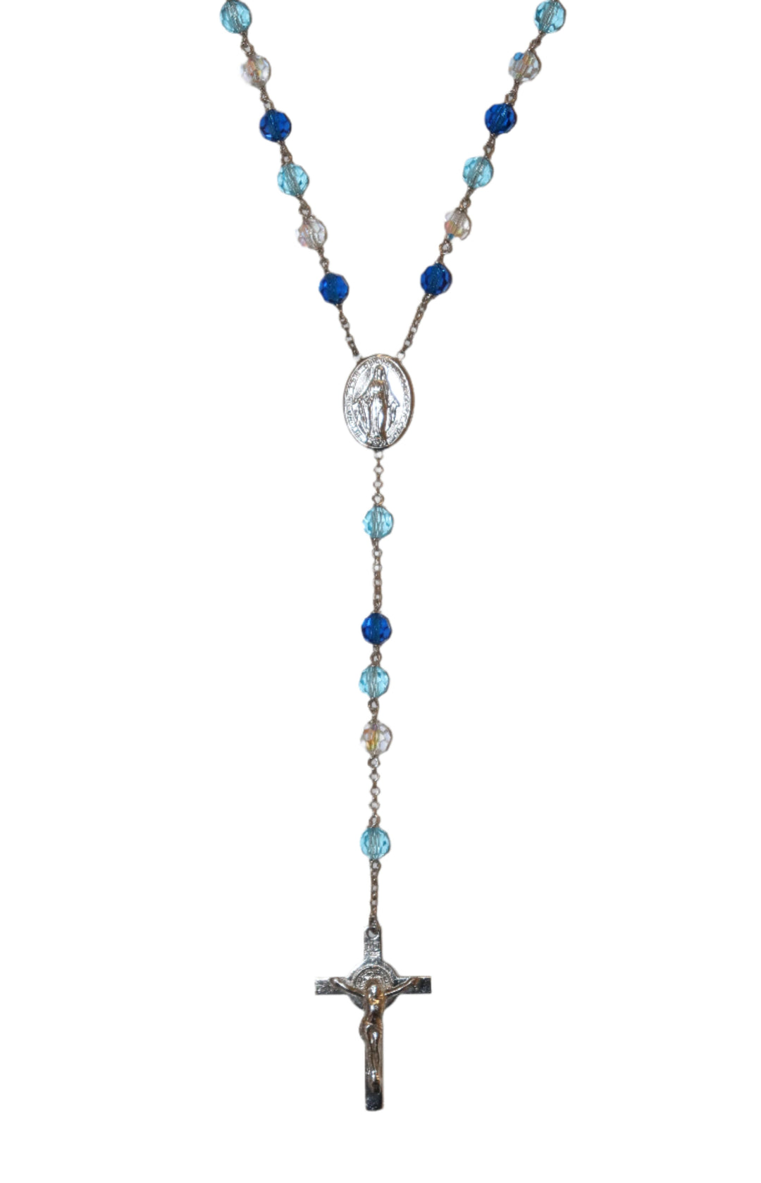 Sterling Silver 6mm Blue Swarovski Crystal Rosary Necklace