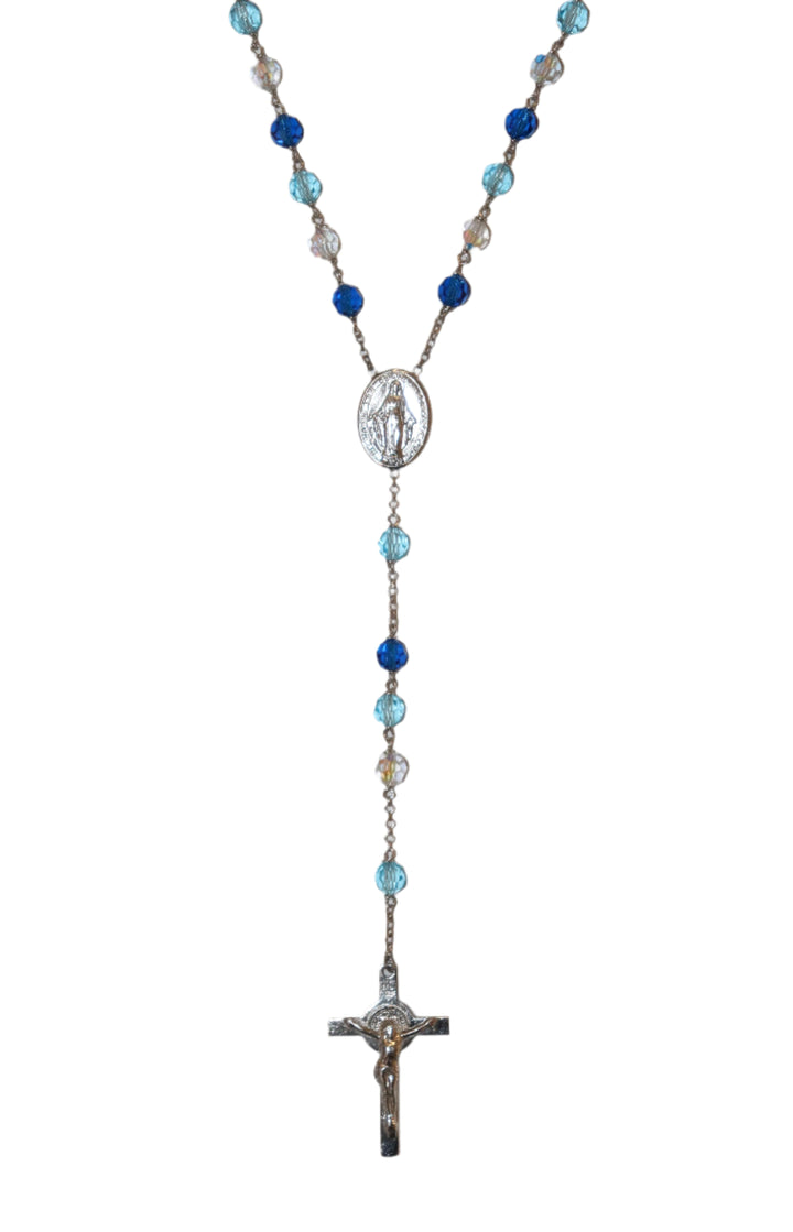 Sterling Silver 6mm Blue Swarovski Crystal Rosary Necklace