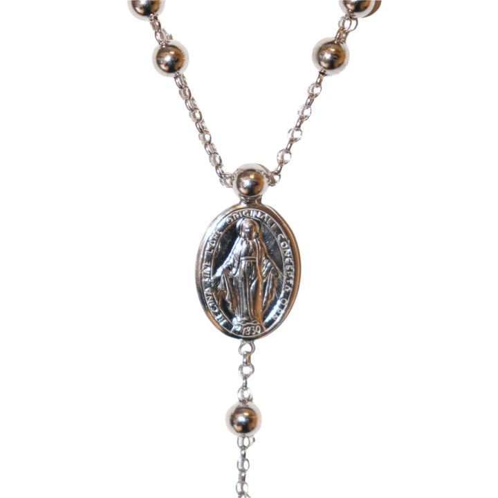 Sterling Silver Rhodium Plated 5MM Miraculous Medal Rosary Necklace