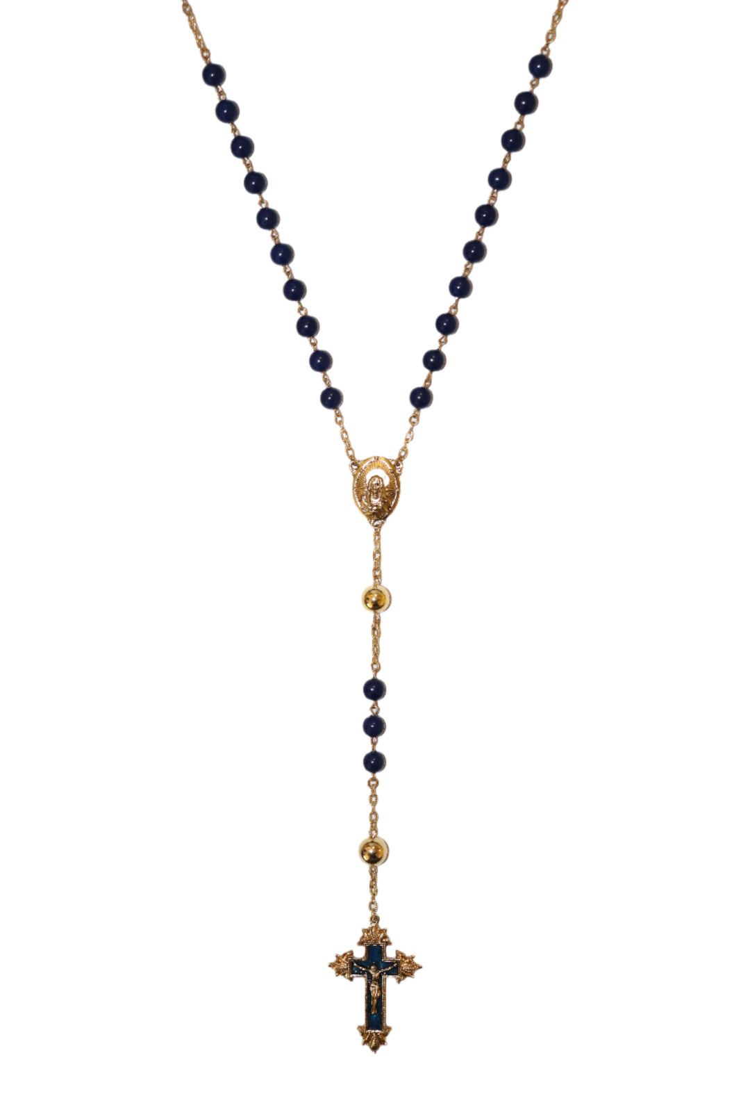 Gold Tone Blue And Gold Bead Virgin Mary Rosary
