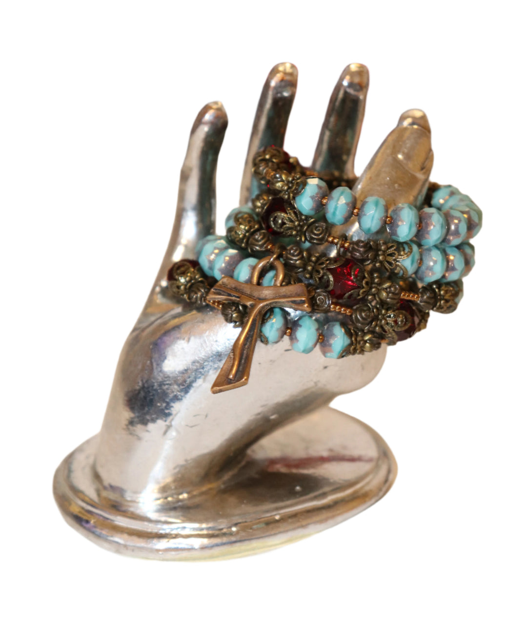Wrap Bracelet of Divine Prayer - Turqoise Glass with Garnet Crystals