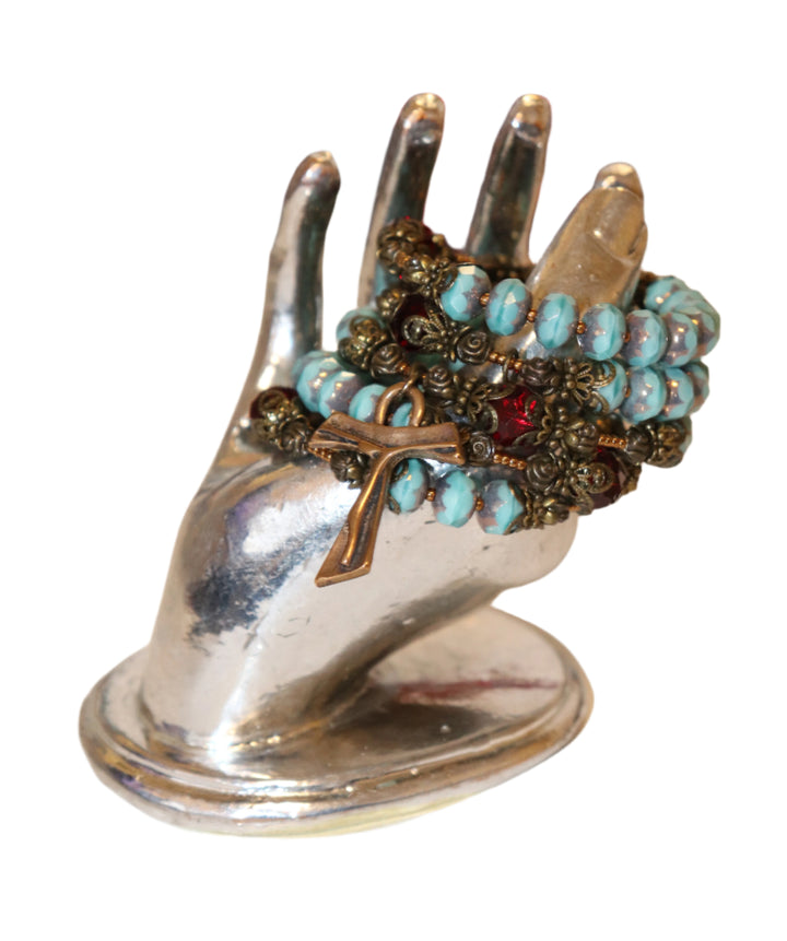 Wrap Bracelet of Divine Prayer - Turqoise Glass with Garnet Crystals