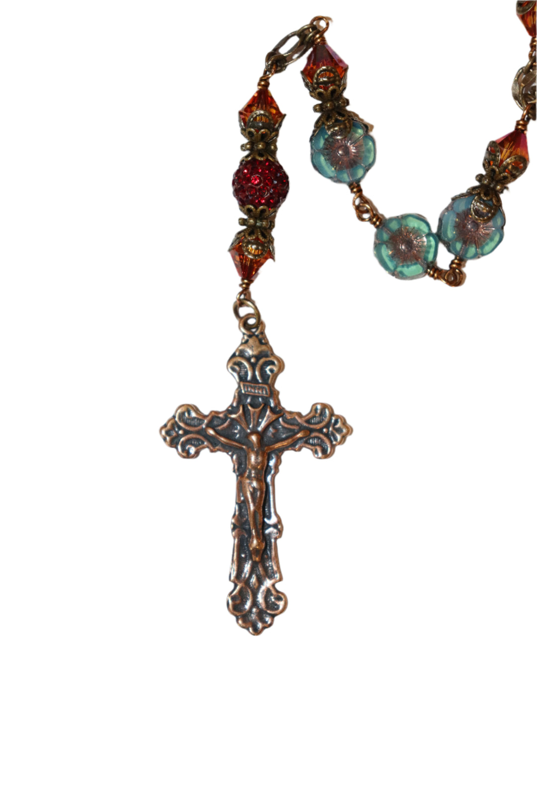 One Decade Heirloom Rosary of Divine Grace - Glass Roses, Pearls, and Crystals