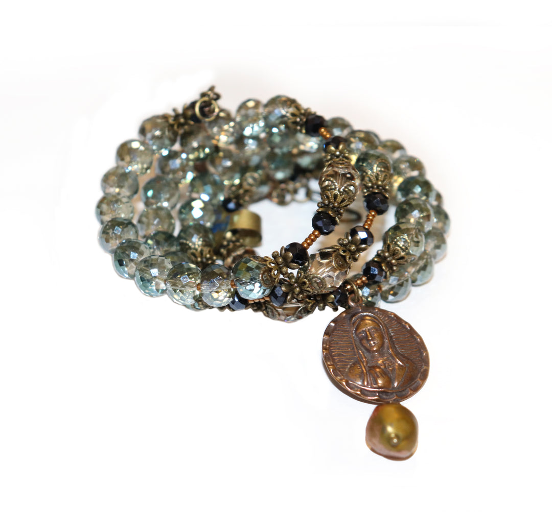 Wrap Bracelet of Divine Prayer - Olive and Charcoal Crystals