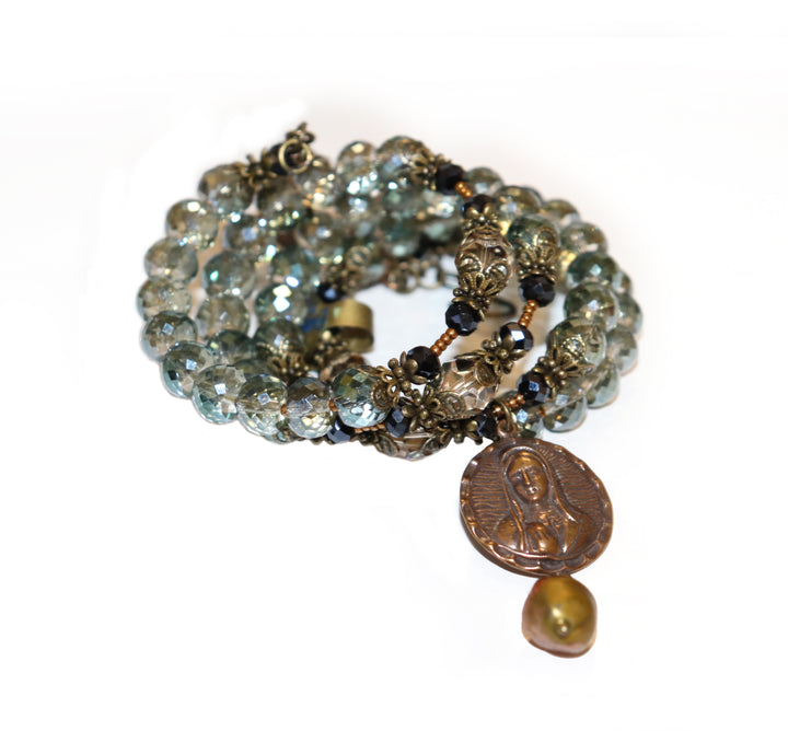 Wrap Bracelet of Divine Prayer - Olive and Charcoal Crystals