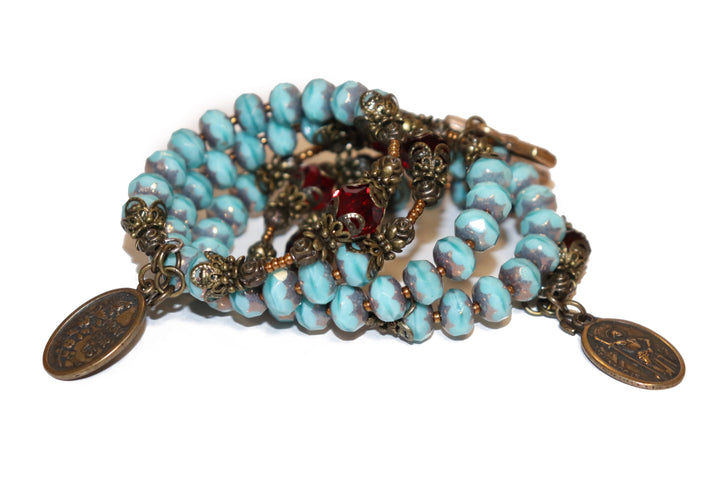 Wrap Bracelet of Divine Prayer - Turqoise Glass with Garnet Crystals