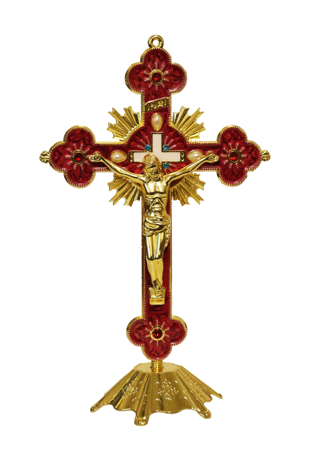 8" Ornate Gold Metallic Standing Crucifix - Red