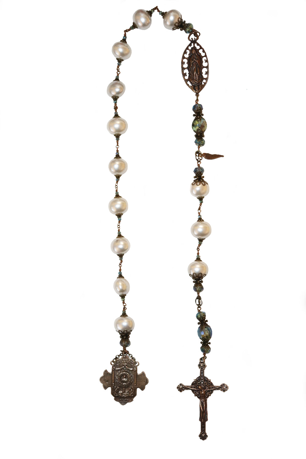 One Decade Heirloom Rosary of Divine Grace - Shell Pearls and Aqua Crystals