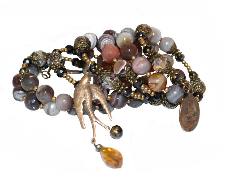 Wrap Bracelet of Divine Prayer - Botswana Agates, Charcoal, and Champagne Crystals