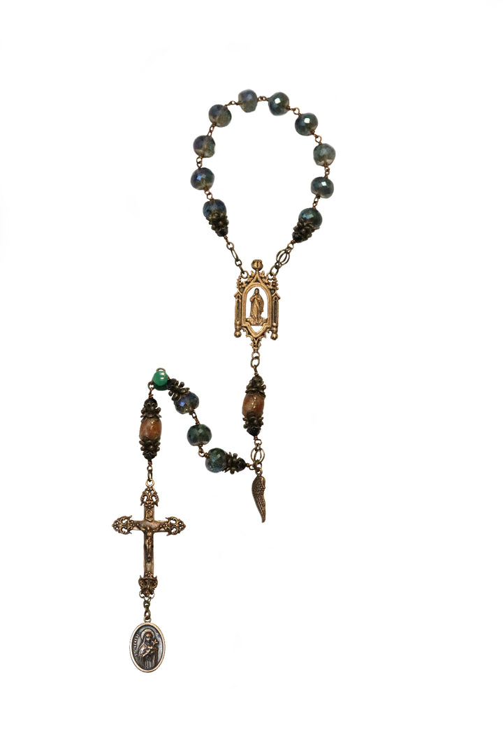 One Decade Heirloom Rosary of Divine Grace - Aqua and Charcoal Crystals with Garnet Quartz