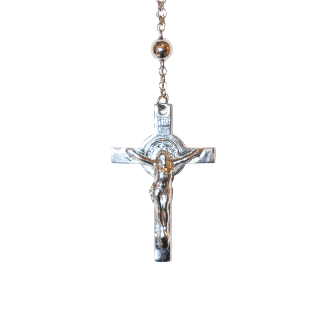 Sterling Silver Rhodium Plated 5MM Miraculous Medal Rosary Necklace