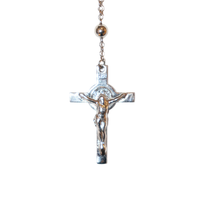 Sterling Silver Rhodium Plated 5MM Miraculous Medal Rosary Necklace