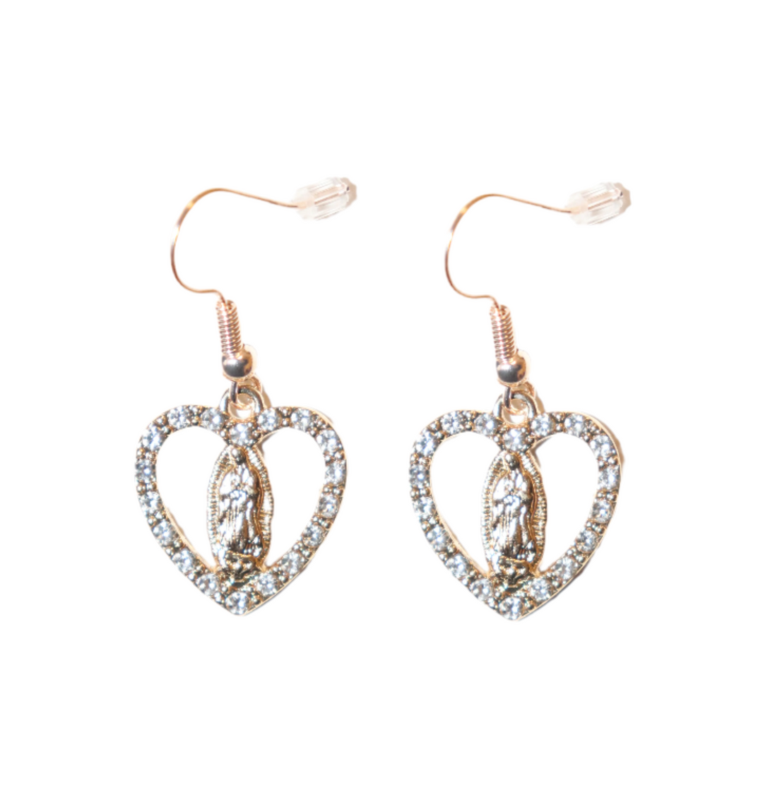 Gold & Crystal Our Lady of Guadalupe Heart Earring Set