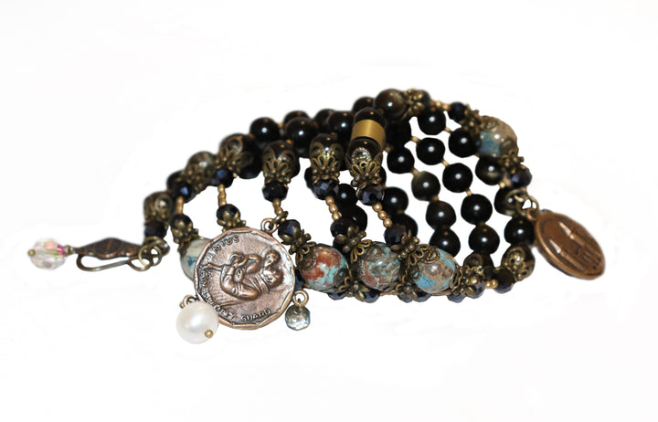 Wrap Bracelet of Divine Prayer - Golden Obsidian and Mushroom Agates