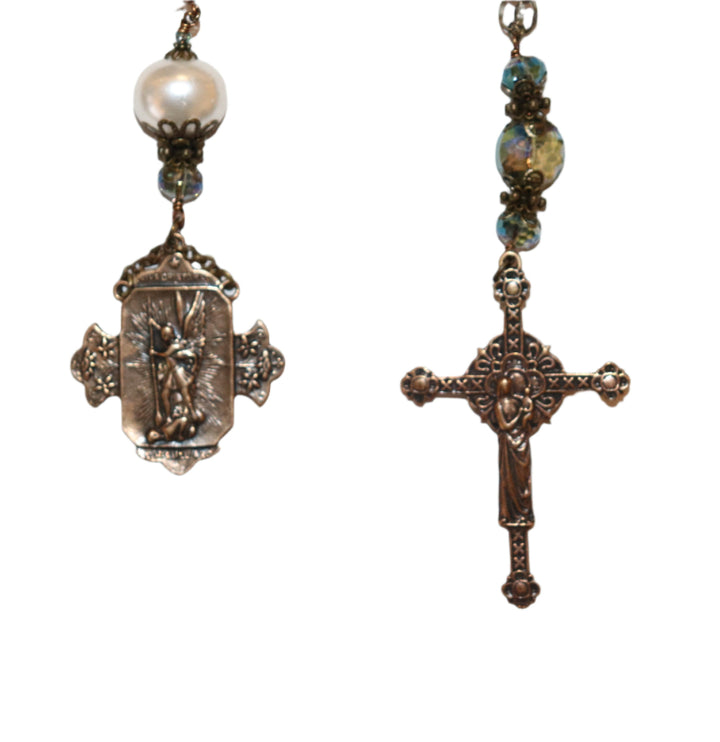One Decade Heirloom Rosary of Divine Grace - Shell Pearls and Aqua Crystals