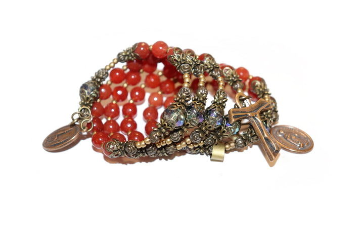 Wrap Bracelet of Divine Prayer - Carnelian Stones with Aqua Crystals